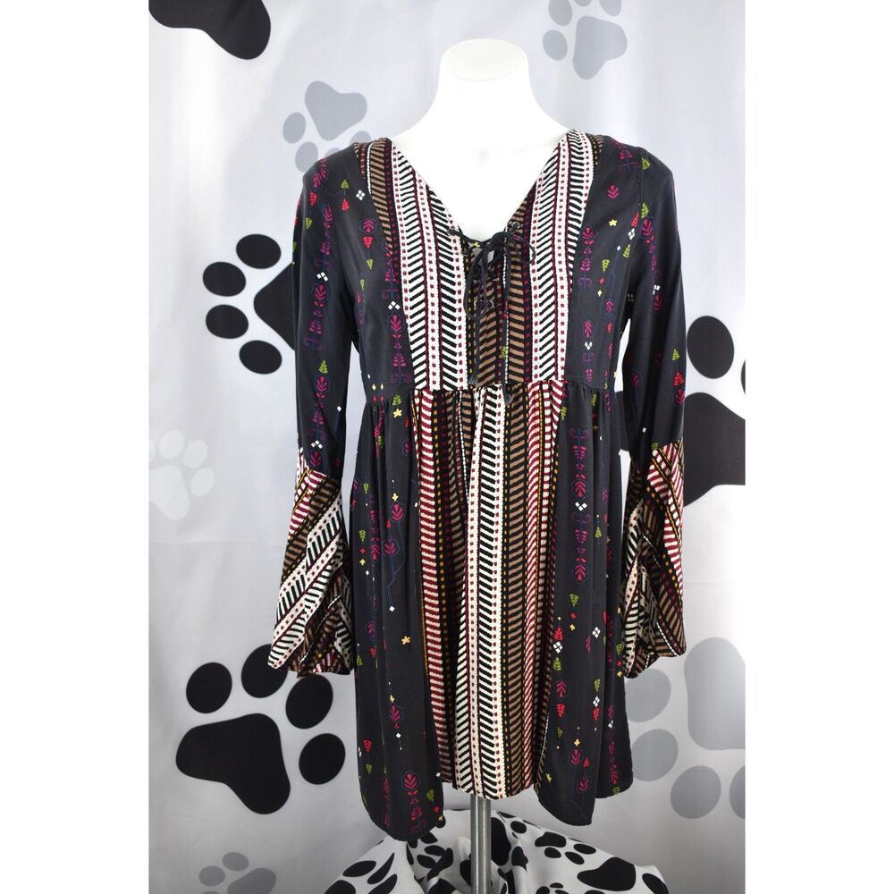 Umgee USA Long Flute Bell Sleves Multi Print V Neck Mini Dress Black Multi Med